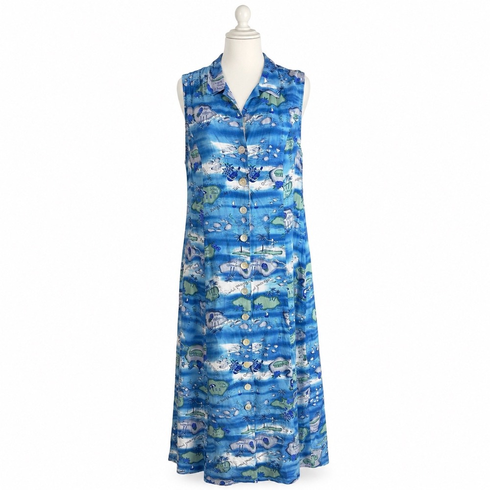 California Krush Blue Tropical Island Map Rayon Maxi Dress Womens 12 Novelty